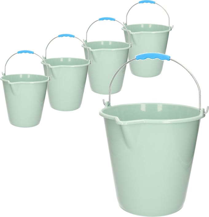 Plasticforte Emmer - 5x stuks - met schenktuit - 12L - mintgroen - schoonmaakemmer