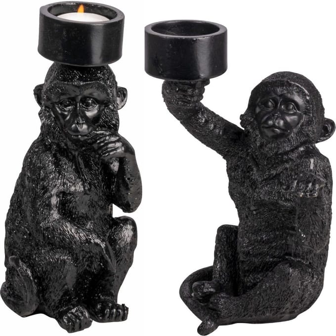 Gusta - Waxinelichthouder - Aap - Zwart - Set van 2