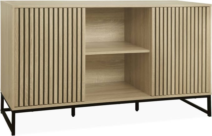 sweeek - Dressoir met 2 deuren gegroefd houteffect en metaal 140cm - lisbonne