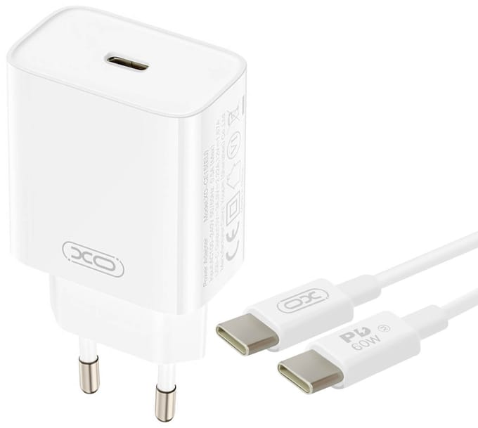 XO, Thuislader 20W - USB-C Power Delivery - Compact - Met 60W USB-C Kabel, Wit