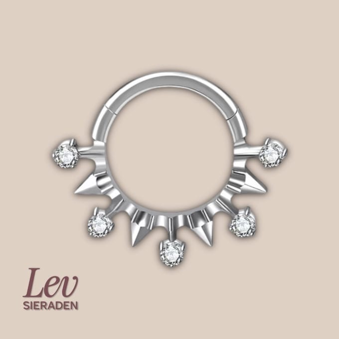 Lev Sieraden - Titanium premium neus ring - Stones and spikes - 5 zirkonia segment ring - 1.2x8mm - Zilver - segment ring - neuspiercing - tragus piercing - Oorpiercing