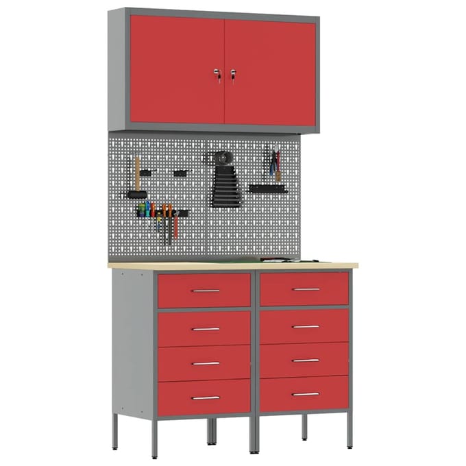 vidaXL - Werk - Cabinet - 5 - st - Rood - en - Grijs - Engineered - hout - en - staal