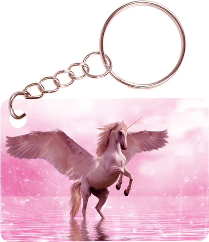 Sleutelhanger 6x4cm - Witte Eenhoorn met Vleugels op Roze Achtergrond