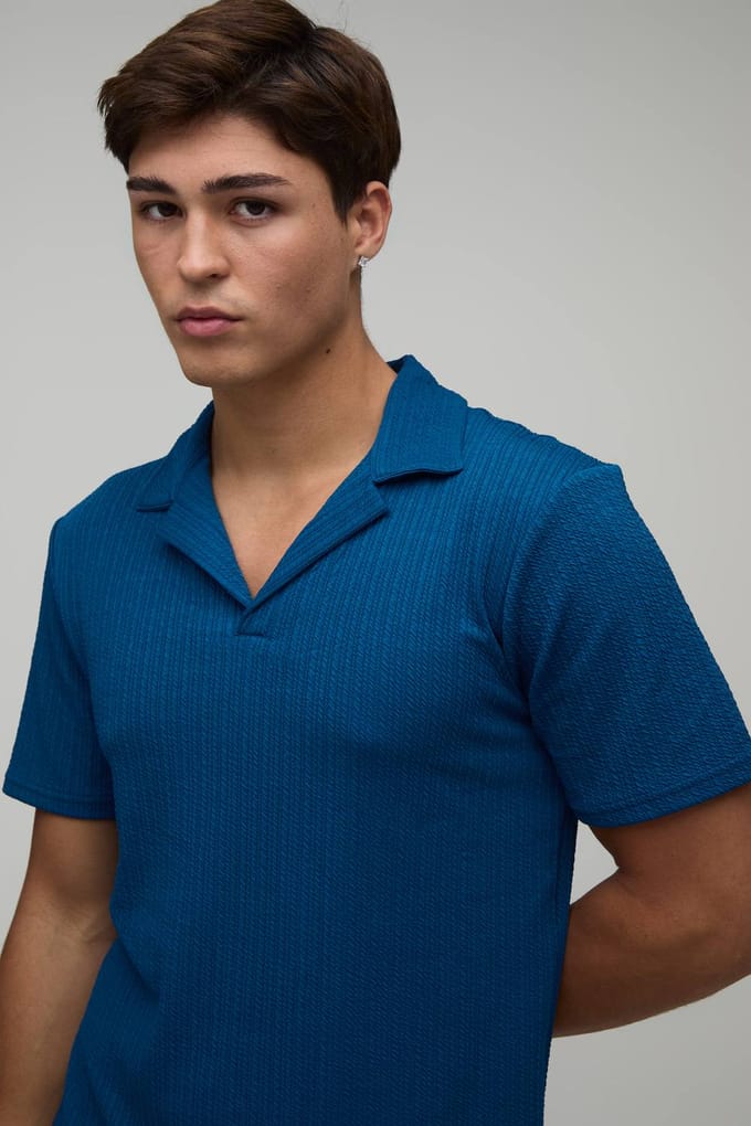 Jersey Gestructureerde Geribbelde Slim Fit Polo & Relaxed Short Set | Navy | Size Medium