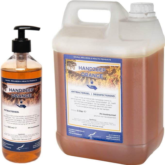 Handzeep Orange 500 ml met gratis pomp - hervulbaar + Jerrycan 5 liter navulling