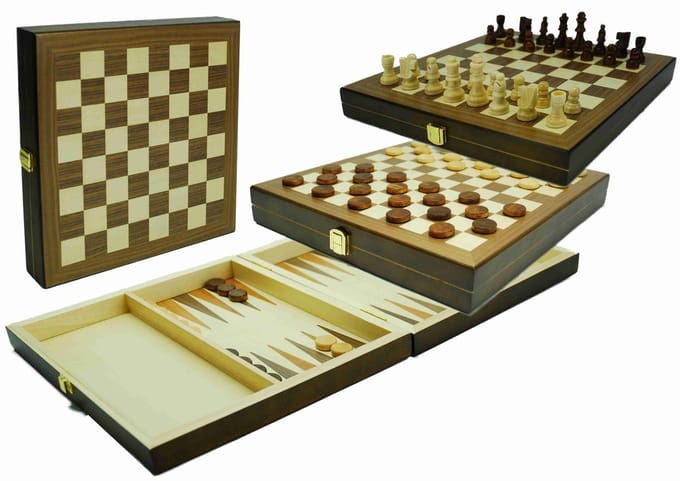 Schaak-dam-backgammon klapcassette hout 29x29 cm HOT Games