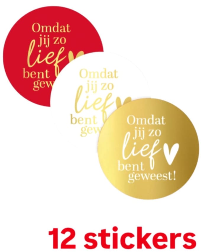 12x Sluitstickers - omdat jij lief bent geweest - 4cm - staf- goudfolie - sluitzegel - sinterklaas