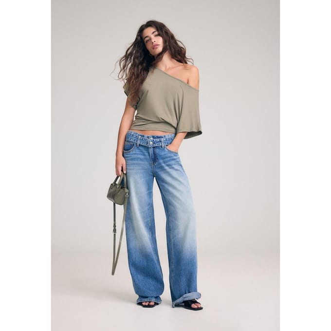 Stradivarius Wide-leg jeans met dubbele taille  MIDDENBLAUWE DENIM WASSING 44