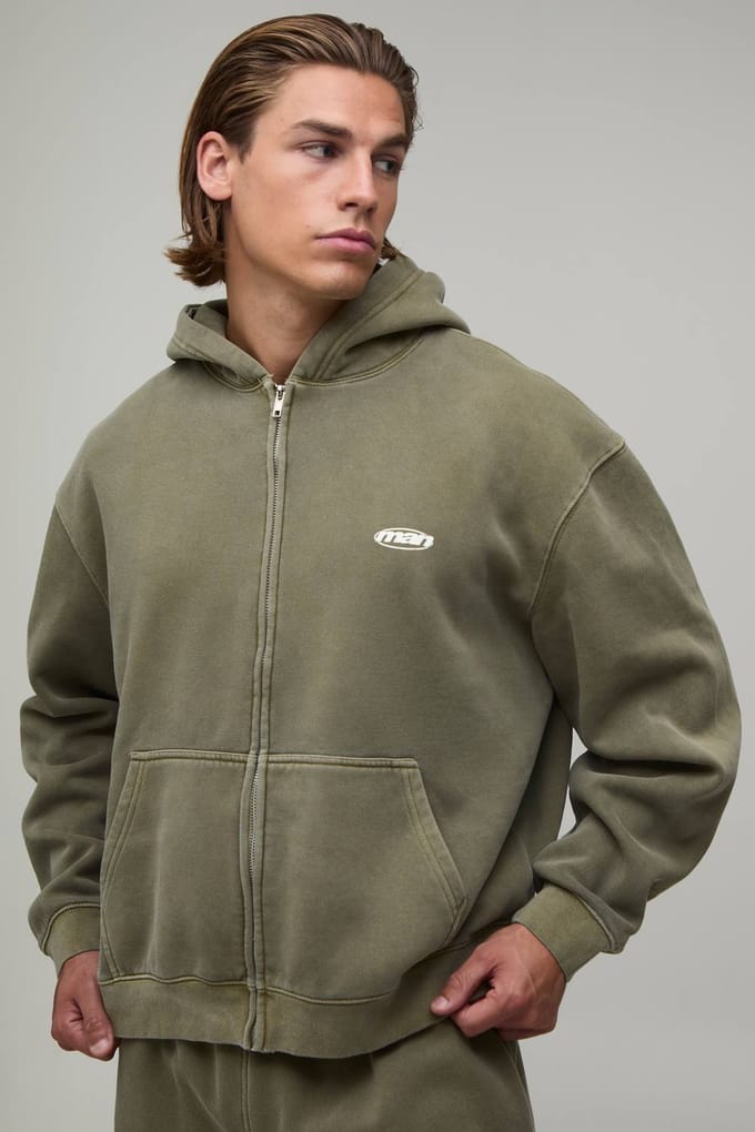 Oversized Heren Sport Washed Ritssluiting Hoodie | Washed Khaki | Size Small