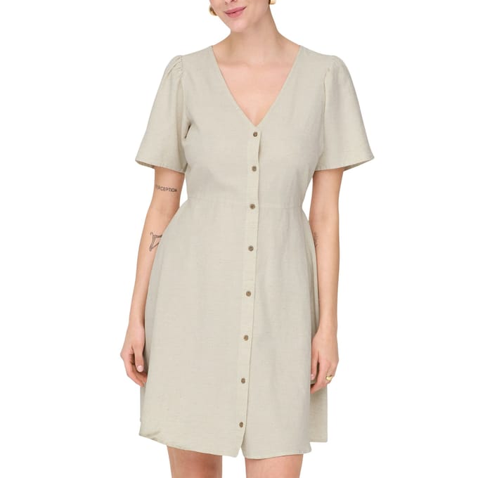 Only beige dames jurk   V-hals   Regular fit   Structuur patroon   Knoopsluiting   Duurzaam   Korte mouw Beige M