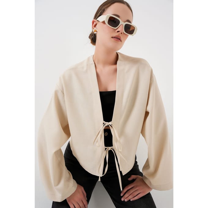 Viscose Blend V-Hals Langere Mouwen Kimono met Binding Detail