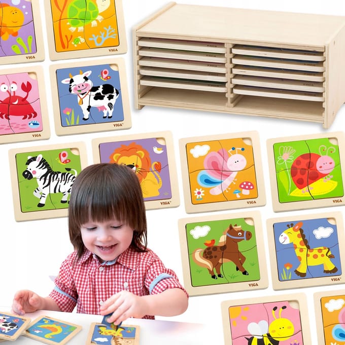 VIGA Houten Puzzel Set met 12 Borden en Standaard