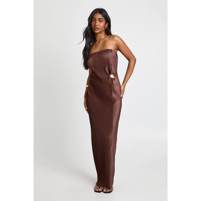 boohoo Dames Plisse Knoop Voorkant Kolom Maxi Jurk | Chocolate | Maat: 14