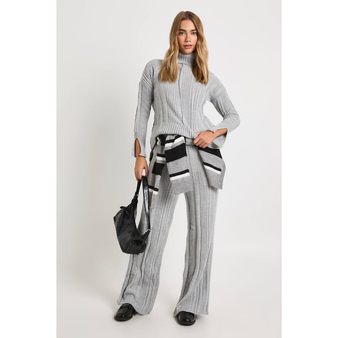 boohoo Dames Zachte mix ribgebreide wijde broek | Silver | Maat: Small