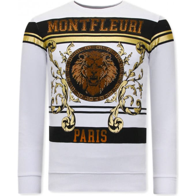 Heren Sweater met Print - Leeuw Strass - 3767 - Wit