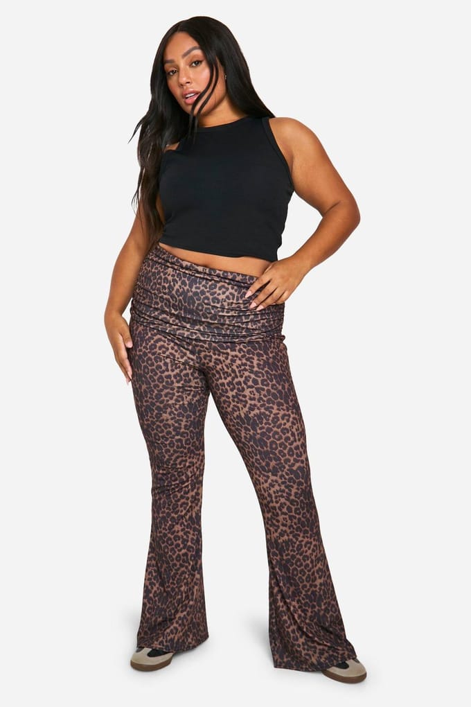 boohoo Dames PLUS LEOPARD VOUWBAND-FLARES | Maat: 28