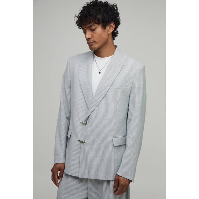 Krijtstreep Colbert Met Gesp Detail En Relaxed Fit | Grey | Size 34
