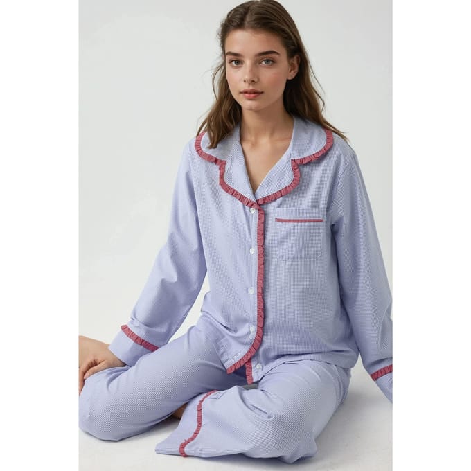 Hemdkragen Katoenen Geruite Pyjama Set
