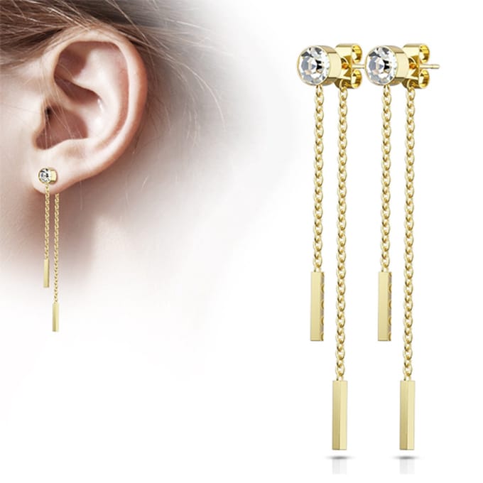 Oorbellen stud met vrij hangende dubbele ketting balkje - goud - LMPiercings