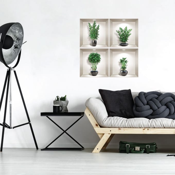 3D-effect bamboe stickers in zwarte vazen, 80 x 80 cm