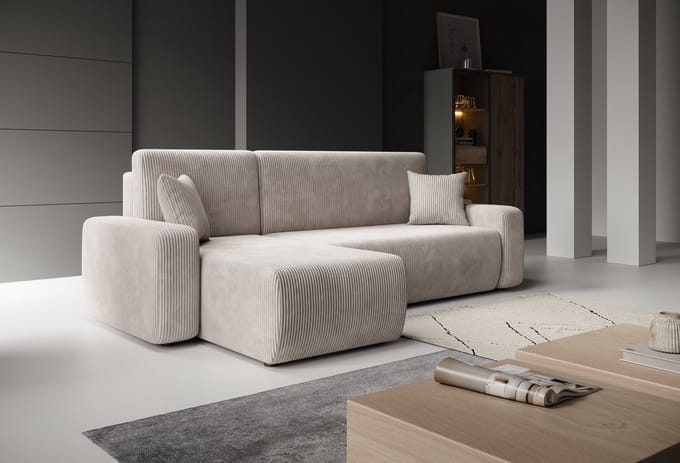 Meubella - Hoekbank Prudence - Beige - Ribstof - Universeel