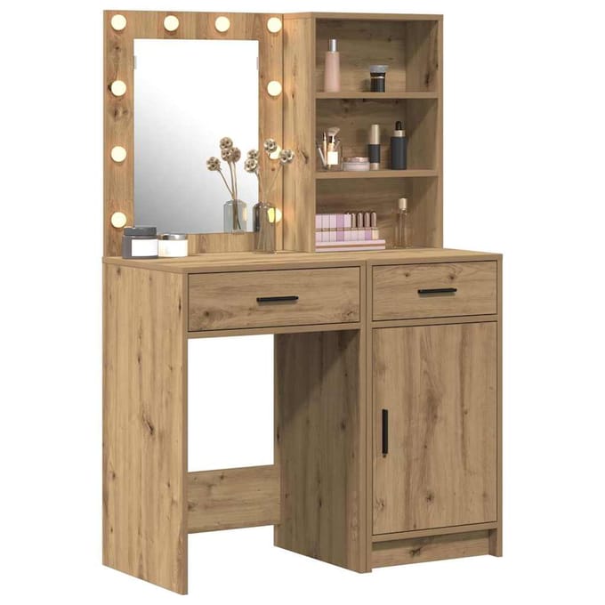 vidaXL - Dressing - tafel - set - met - LED - 2 - st - Artisan - Eiken - Bewerkt - hout