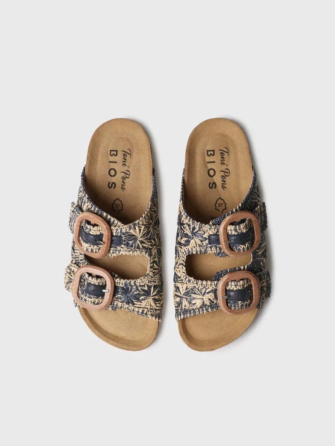 Damessandaal van raffia met bloemenprint | GUAM-RF