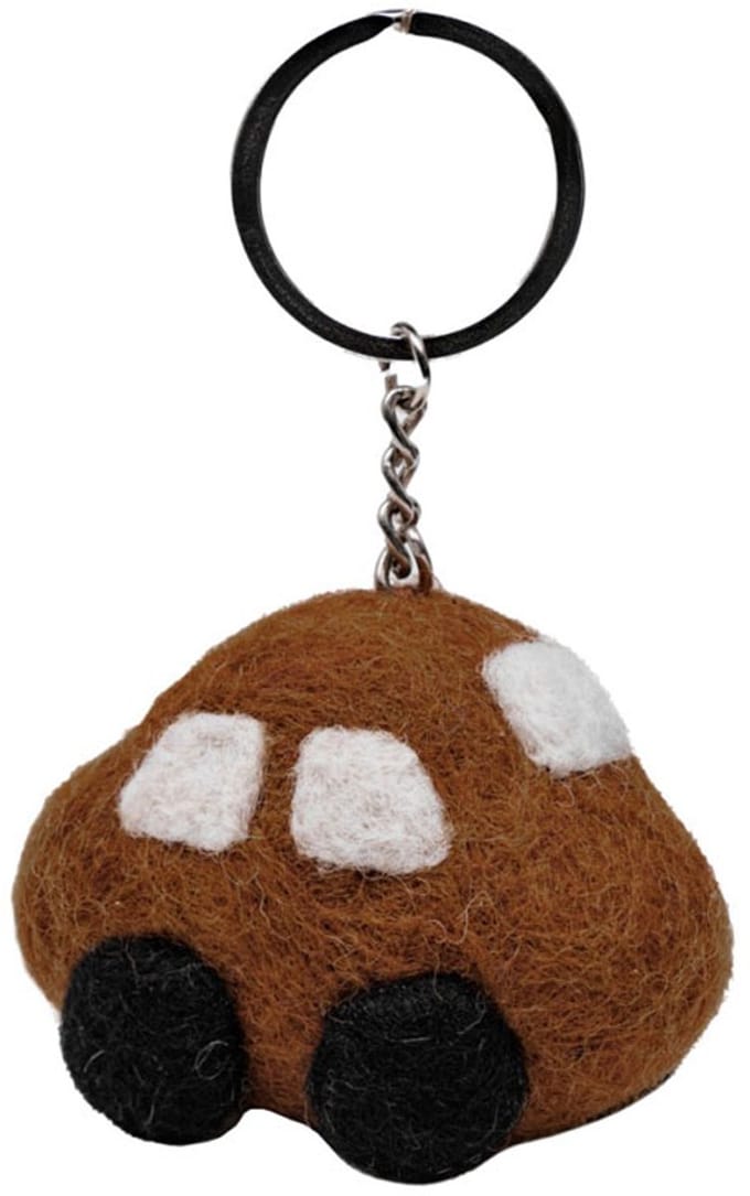 Sleutelhanger/Tashanger - Auto 3D Wolvilt - Bruin - Handmade & Fairmade - 7x5cm