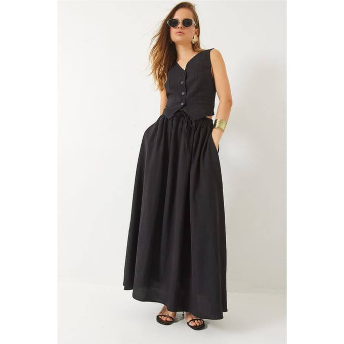 V-hals Vest en Maxi Rok Twee-Delige Set