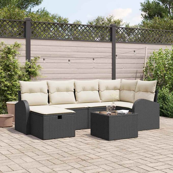 vidaXL - Bankstel - 7 - st - Zwart - en - Crème - poly - rattan