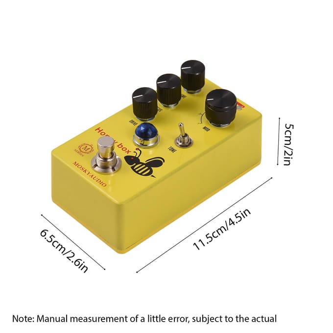 MOSKYAUDIO HONEY BOX DRIVE Gitaar Overdrive Effectpedaal Volume/Drive/Focus/4-Modus Knop DC 9V geel