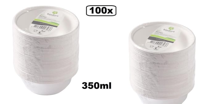 100x Schaal van suikerrietpulp next generation 350ml wit - salade BBQ fruit kom verse gerechten