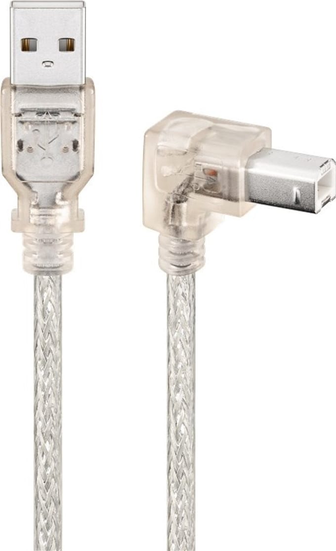 Goobay USB-A naar USB-B-kabel 90°, 0,5 m, transparant, 2,5 W, 0,5 A, 480 Mbit/s, USB 2.0