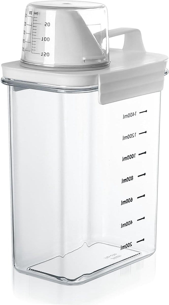 Luchtdichte wasmiddeldispenser met maatbeker en opbergdoos - 1800 ml - waspoeder - wasmiddel - voercontainer