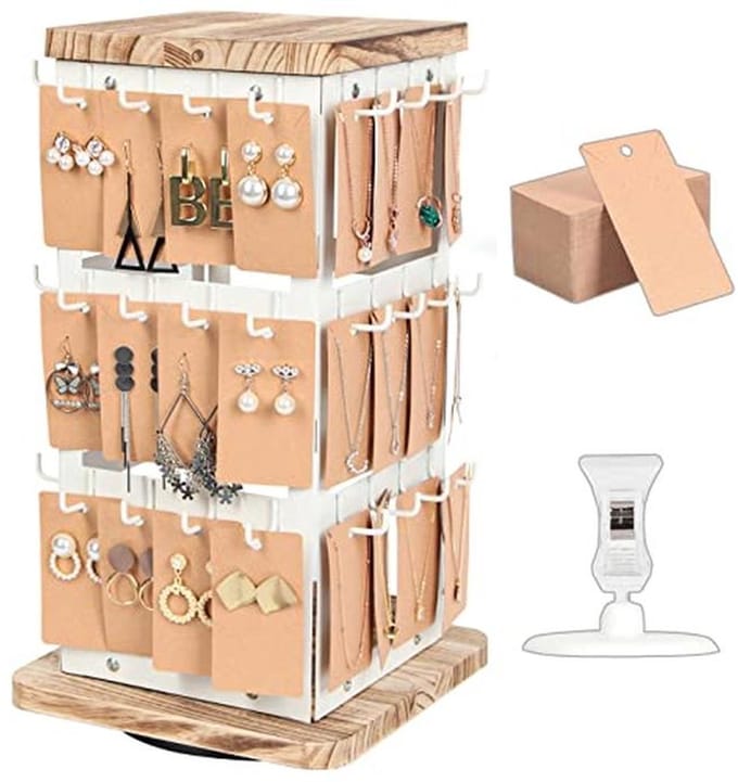 3-Tier 360 Rotating Earring Organizer with Wooden Tray - Jewelry Display Stand