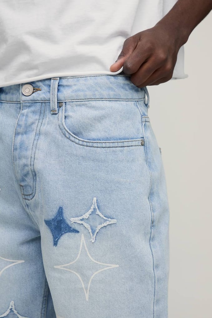 Relaxed Rigid Denim Shorts Met Ster Applicatie | Light Blue | Size 42R