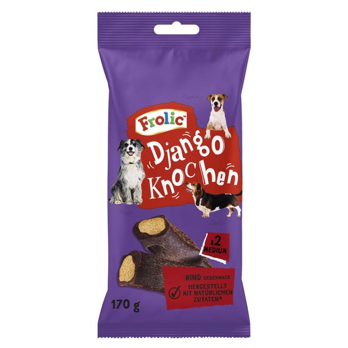 12 x 2 stuks Frolic Django Bot met Rundvleessnacks voor middelgrote honden