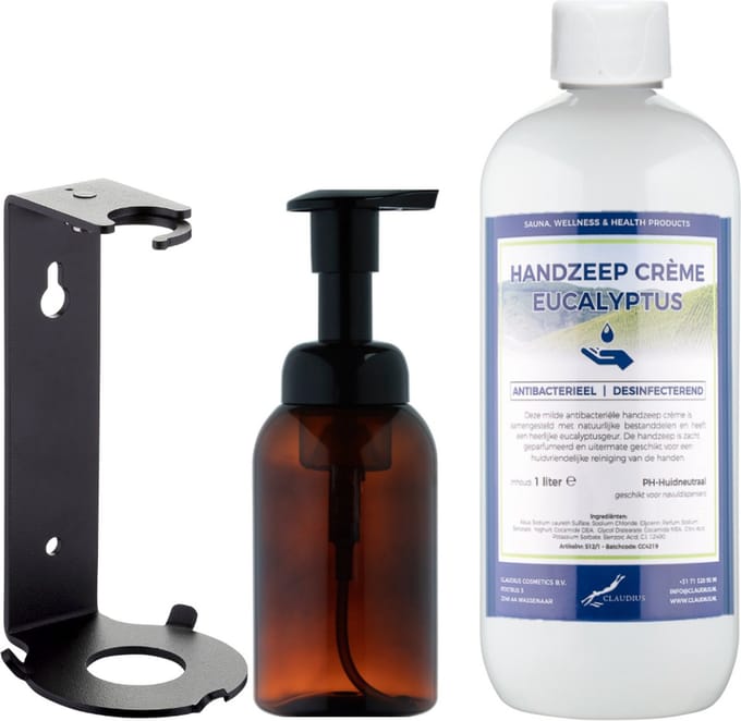 Zeepdispenser 300 ml amber bruin hervulbaar + 1 liter Handzeep Crème Eucalyptus navulling (inclusief beugel)