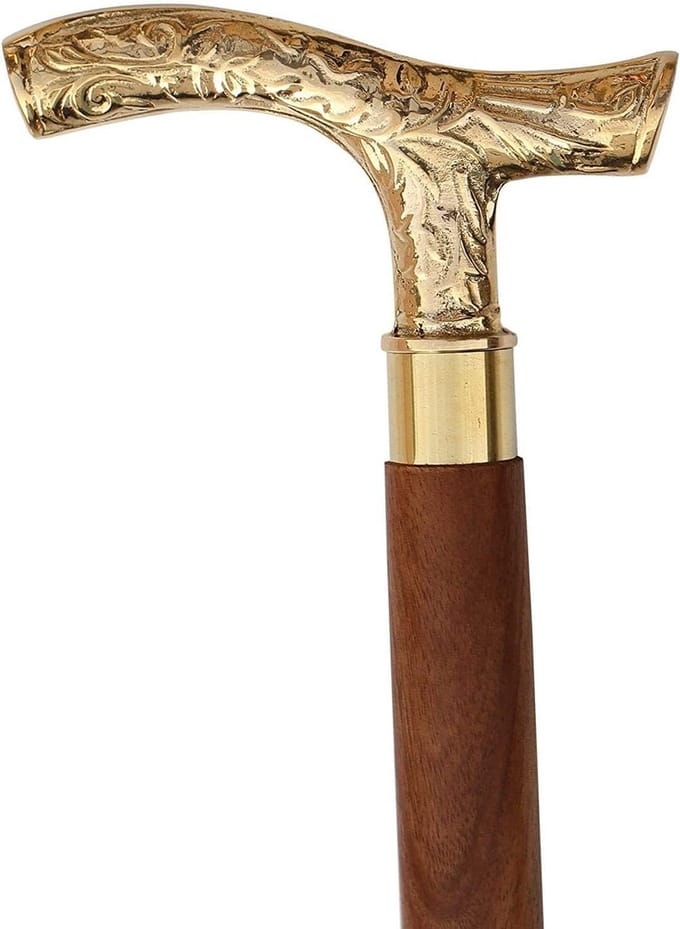 Wandelstok Hout - Stijlvolle Steun - Veilig Lopen - Messing T-Handvat - 94 cm - Bruin