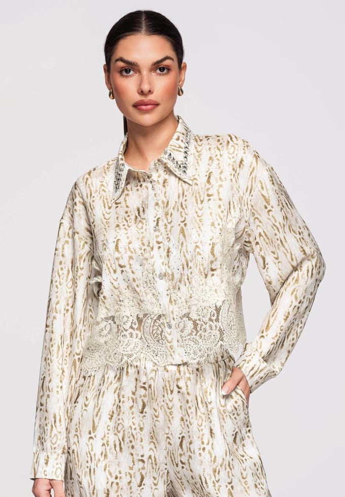 OMBRE Overhemd - Loose Fit - Lange Mouw - Knopen Beige M/L