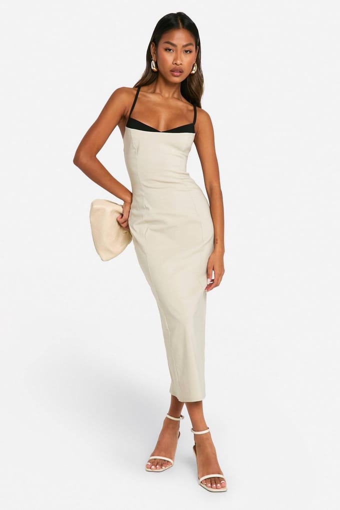 boohoo Dames Contrast Insert Bengaline Midaxi Jurk | Steen | Maat: 40