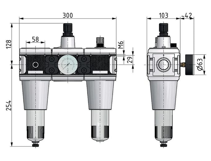 FRL G1'' 13500l/min 0,5-10,0bar/7-145psi Multifix 5