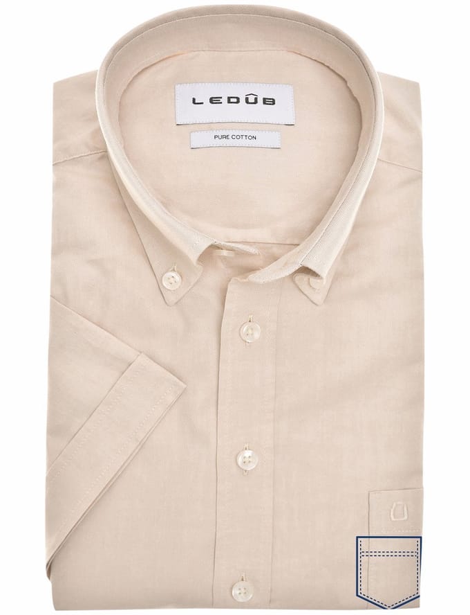 katoenen Ledub overhemd korte mouw effen beige