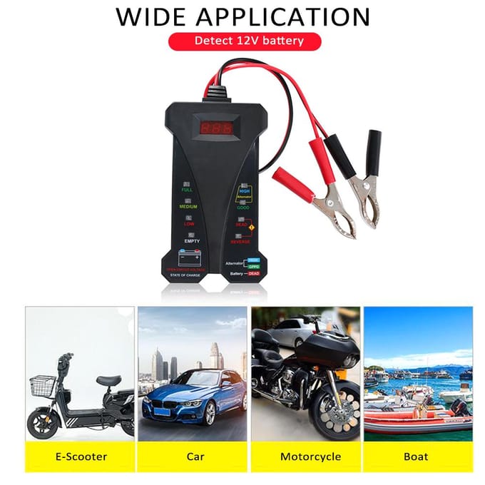 Autobatterijtester, 12V Digitale Batterijvoltmeter en Laadsysteemanalysator voor Motorfiets zwart