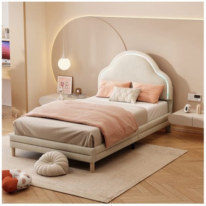 Enkel bed - MUVOE - 90x200 cm - Wolkenhoofdeinde - Beige fluweel - Meerkleurige lichtstrips beige