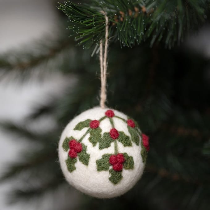 Kerstbal Vilt Rond - Holly Berry - 8cm - Fairtrade