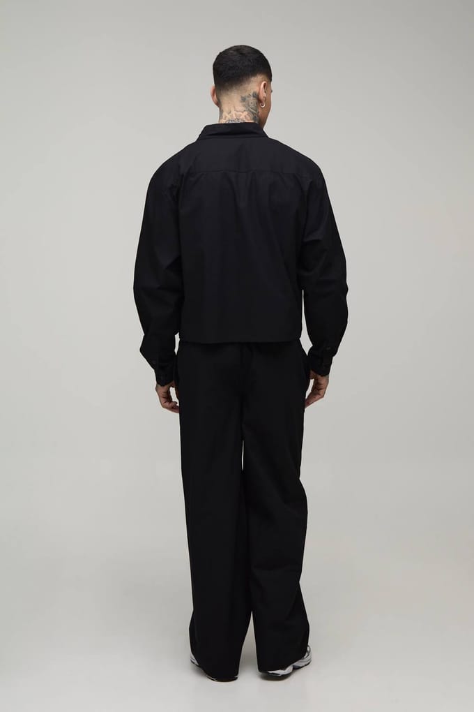 Tall Cropped Boxy Oversized Shirt & Baggy Trouser Set | Black | Size Medium