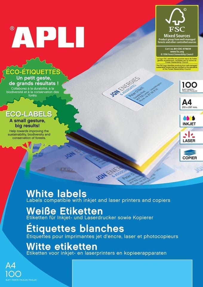 Klevende etiketten Apli 01298 70 x 36 mm 100 Lakens 105 x 29 mm Wit