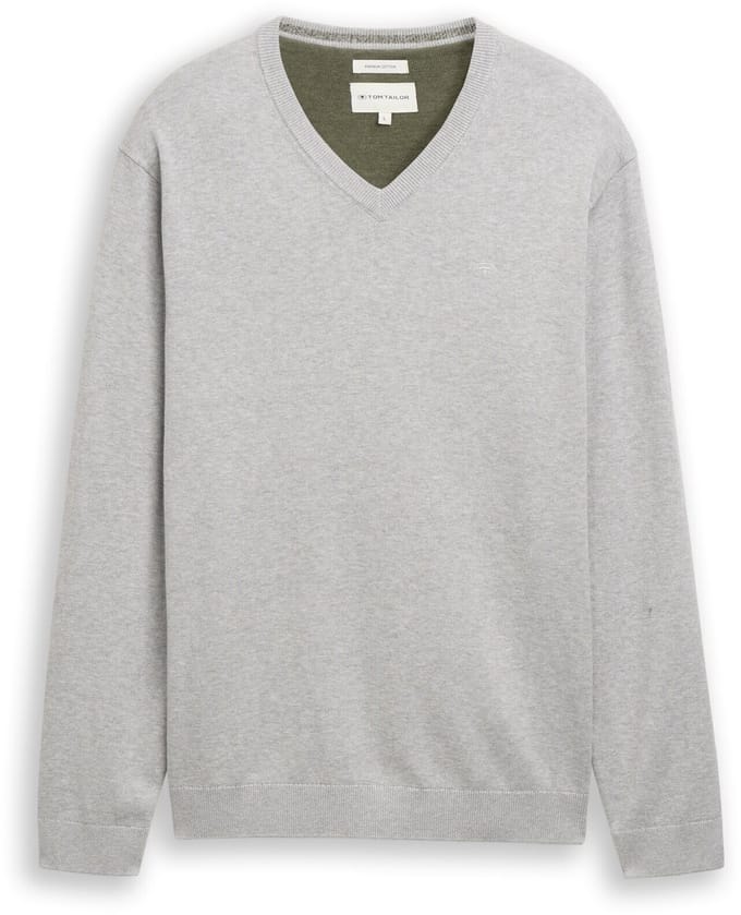 Tom Tailor - Gebreide trui met V-hals van katoen - Maat M - Light Soft Grey Melange