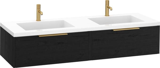 Saqu Lima Actie badmeubel incl. dubbele glans witte wastafel 160x52x34cm eiken zwart – messing greep